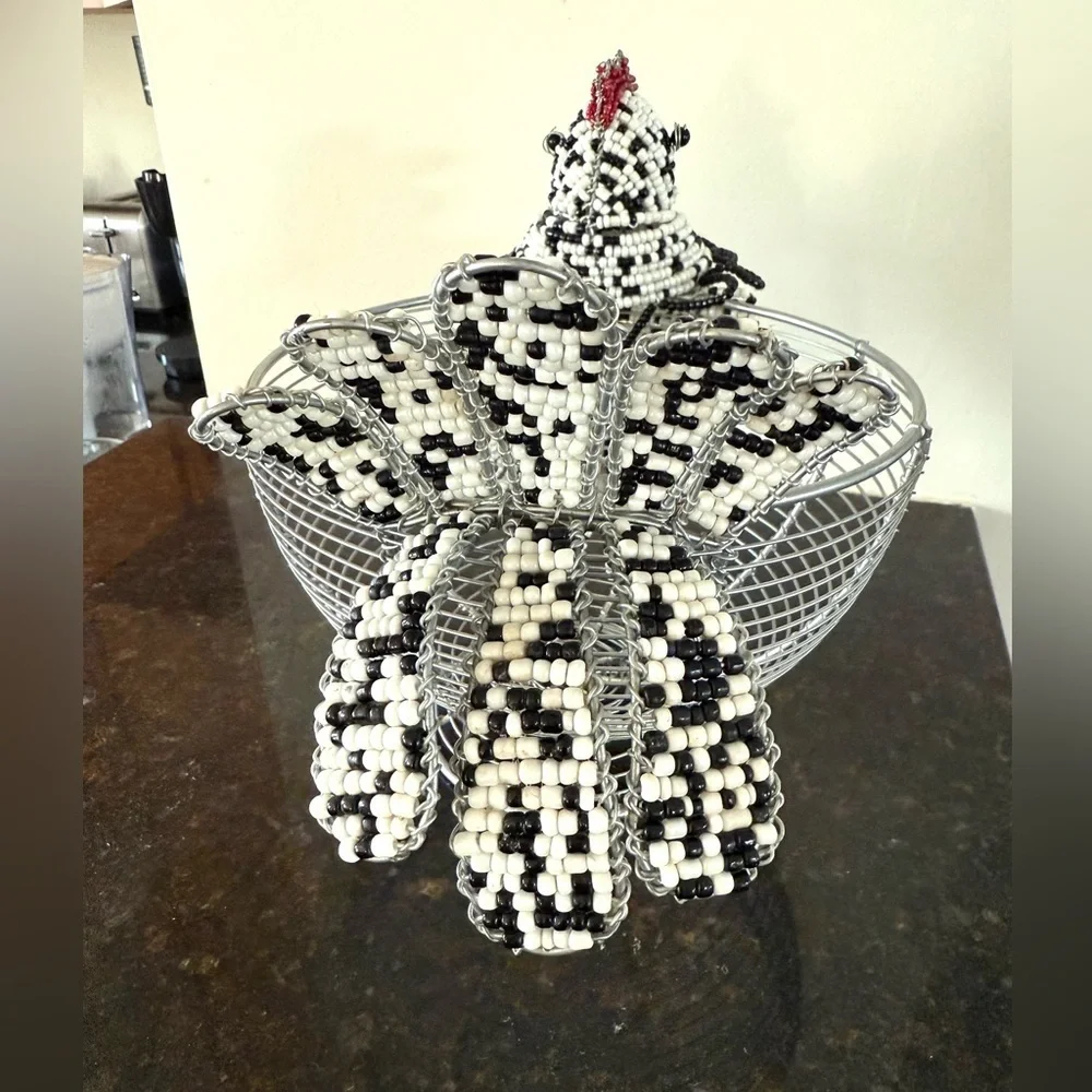 Wire Basket with Beaded Chicken Design Egg Holder